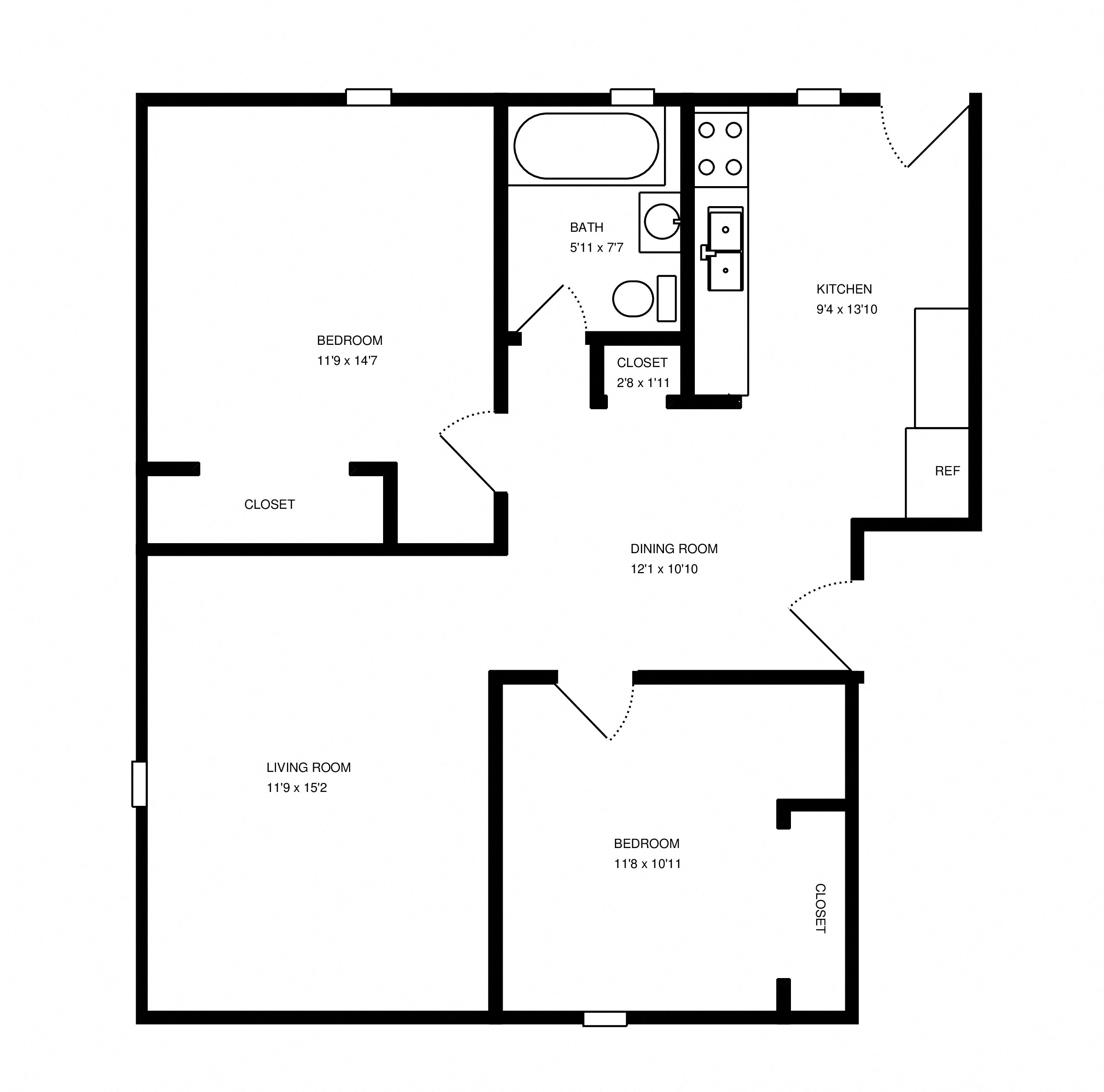 Floor plan for 2 beds, 1 bath, 850 sqft